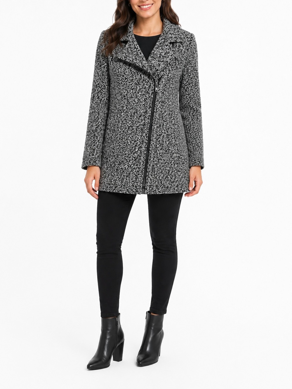 JustFab Black & White Marled Textured Asymmetrical Zip Coat 2X NWT